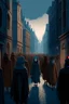 Placeholder: French animation arcane style. City street crowded by people with no faces