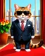 Placeholder: Medium shot illustration of a hitman cat wearing a suit and sunglasses. He is standing in a room with a red carpet and a flower pot. The background is blurred and contains a cityscape. Ultra quality