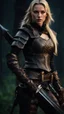 Placeholder: blonde female hunter wearing leather half armour dark fantasy Realistic 4k