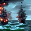 Placeholder: Two pirate ships fight each other at sea. Firing cannons. One ship is hit and burns after being hit.