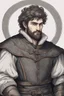 Placeholder: man, age 20, medieval, fighter, russian, croocked nose, czar, rich, simple clothes, short messy hair, thick beard, oligarch, leather coat with fur, brocade clothes, pencil drawing, black or red hair