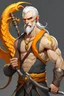 Placeholder: He is a tall, muscular person with long ears and white hair. He has one yellow eye and one orange eye with a sharp gaze. He carries a scythe and has a dragon tattoo on his right arm.