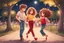 Placeholder: a cute chibi spanish man with short curly brown hair cropped at the back in yellow T-shirt and jeans with a cute chibi contented girl with long brown hair and brown eyes in a red elegant jumpsuit and red high heels, and a chibi girl with blonde brown hair in a beige dress dancing dynamically in Madrid in the Retino park, in the moonlight, ethereal, cinematic postprocessing, airplane in the sky