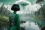 Placeholder: A skinny woman with a black bob hairstyle, in a green and silver suit, standing, looking out over a lake, in an alien forest, with tall narrow cloud trees, with flying dandelion heads with octopus tentacles