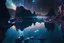 Placeholder: rocky cliff, galaxy, infinite, cosmos, people, water reflection, sci-fi.
