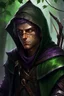 Placeholder: Portrait of male rogue elf, hooded purple hair, bright green eyes, brown skin, messy, disheveled, assassin, bow and arrow, black leather clothes, hiding, trees