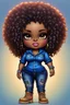 Placeholder: vibrant psychedelic pop punk image, airbrush, 48k, cartoon art image of a plus size chibi dark skinned Black female wearing a sapphire blue jean outfit with timberland boots. Prominent make up with brown eyes and lush lashes. Highly detailed tight curly ombre afro