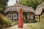 Placeholder: Full body shot of a tall slim pretty, red-headed young woman, dressed in a long flowing colourful dress, standing in front of a row of cottages and shops with thatched roofs