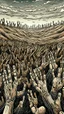 Placeholder: a field of thousands of hands of bodies buried in the ground not visible, horror, hands in different shapes coming out from the ground towards the sky Busch painting style nightmare and thin line draw