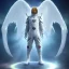 Placeholder: First image is of the main character full body. He’s to look like a powerful angel with white robe, symbols on hands glowing, His background should be that of space above with stars and standing on a paradise of a planet. His belt can transform into a white dragon.