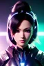 Placeholder: Futuristic anime cyborg, portrait from waist up, intricate eyeliner, vibrant eyeshadow, clear completion, soft lighting, 4k resolution, intricate details, insanely detailed, colorful cityscape background, masterpiece, expert, cinematic smooth, retroanime style, realistic details, no helmet, pastel hair color