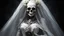 Placeholder: (((The image depicts an undead female-a lich, a monstrous creature consisting of bones and a skeleton, on a black background:1.5))). (((White dress, white dress, white veil:1.5))). (((bride's bouquet:1.5))). (((The character is villainous and monstrous, with soft natural lighting and illumination that create reflections and bright illumination:1.3))). (((The image shows symmetrical large round magic eyes, hair and face, which are carefully worked out with the best quality and realism of immersio