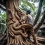 Placeholder: a Man Indonesia working is carving the body of dragon on a large tree trunk, with text "addie", very detailed. Photo wide angle raw. High res, high contras. Perfect, iso 1000, white balance 1