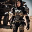 Placeholder: futuristic beautiful caucasian half cyborg female soldier, black metal body and limbs, scratched sand camo metal details, short brunette wavy bob haircut, dystopian, desert scene