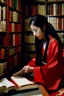 Placeholder: Editorial style overhead medium-close photo shot on kodak portra 800 of a 30-year-old japanese woman with long raven-black hair sitting in front of a shelf of ancient manuscripts in a kyoto library, she's wearing a red silk kimono designed by issey miyake with an intricate obi, the gentle ambiance creates a mood of wisdom and discovery as she sits attentively