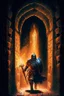 Placeholder: A frightening castle dungeon hallway with an evil knight warrior in rusty chainmail holding a burning torch painterly rpg art