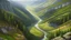 Placeholder: Beautiful image of a long valley between mountains, forests with realistic trees, winding river along the bottom of the valley, point of view is from the top of a mountain looking down along the valley, professional award winning masterpiece, realistic, oil on canvas, Atmospheric extremely detailed