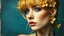 Placeholder: old worn paper, blue background, portrait punk woman, golden hair, flowers made of gold, golden fragments, silver particles, swirls, glare, glow from within, 8K, fine rendering, high detail, hyperrealism, high resolution, multi-layered, hyperdetail, hyperfocus,