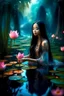 Placeholder: Beautiful princess Indonesia young lady touching a reflection of their in pretty, lotus pond, outer space glowing forest background, dark long wavy hair, cheerful fantasy, intricate details, hyper detailed