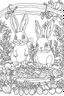 Placeholder: A black and white outline art for a kids coloring book, Cute bunnies in a vegetable garden, outlined with veggies around., white background , sketch style , full body, only use outline, mandala style, clean artpage, , white background, no shadows and clear well outlined