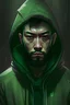 Placeholder: A portrait of a 30 years old Asian male with short hair, small eyes, bigger nose, beard, dressed in dark green hoodie (writes MePunk on the hoodie). Do it in Cyberpunk style. -