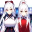 Placeholder: Clear focus, 8k, beautiful lighting, vibrant colors, girl, white hair, long hair, vibrant red eyes, ponytail, same twins, white hair, red eyes, same clothes,