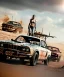 Placeholder: Realistic image. Mad max car. BMW 4 series, 2023 . woman in the foreground. 4k resolution, intricate details, ornate details, soft lighting, vibrant colors, mad max background