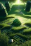 Placeholder: brilliant raytraced stone labyrinth with green grass, 4k, nvidia graphics, volumetric light, depth of field, autumn, trending art, fantasy art, knight