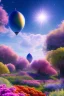 Placeholder: digital illustration, a world full of life divine thrill of biological tranquil sky, flowers, spaceship, bright color splashes, high detailed 8 k,ufo rainbow