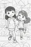 Placeholder: Little girls playing in a playground with a mix of different shapes like circles, squares, and triangles.,very happy , Colloring page for todlliers ; basic hawali style cartoon , black and white , ink outlines , , smooth , anime style , minimalist , cute eyes , full body , white shose , sketchbook , realistic sketch , free lines , on paper , character sheet , clean line art high detailed