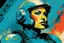 Placeholder: create an imaginative amorphous female extraterrestrial cybernetic rogue trooper with finely detailed facial features, military cut hair, witnessing the destruction of Earth , in the comic book art style of Bill Sienkiewicz, Mike Mignola, and Jean Giraud Moebius, finely textured, drawn, colored, and inked