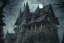 Placeholder: one Wednesday Adams, black and white, tall narrow scary house , pointy roof, cursed trees , dense dark forest, spiders, bats, bones, Escher style