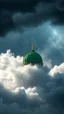 Placeholder: The majestic green dome of Masjid al-Nabi, hovering above swirling clouds, emerges from the heart of a raging storm. Turbulent winds of steam swirl around the iconic structure, lit by shafts of sunlight that cast dramatic shadows on the surrounding clouds. A storm rages and thunder lights up the dark sky, yet the mosque remains calm and quiet, its green dome a beacon of peace in the midst of chaos.