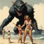 Placeholder: [art by Norman Rockwell] scared Woman in bikini swimsuit grabbed by a scary monster at the beach, vintage photo
