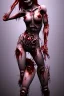 Placeholder: 12k ultra-high-definition rendering of a zombie model in a photo studio ,The zombie, adorned in a red ripped tight dress, ripped sideways from top to bottom, long slit, shoes are fashionable platforms, big gun on side thigh, exudes a sinister aura under the studio's dark and mysterious lighting