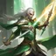 Placeholder: An elven warrior with a brilliant sword gleaming like the sun. he wears emerald green armor, trimmed in gold. His long white hair is tied up to stay out his way. he moves like lightning with his blade