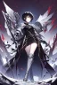 Placeholder: Anime girl with short black hair and sharp green eyes holding a spear, full body black and white metal plate armour, full body shot, Dramatic lighting,1woman, soaked in blood, Warrior, standing pose