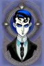 Placeholder: black haired blue eyed young man necromancer with gothic jewelry in the style of charles addams