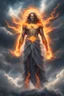 Placeholder: full body picture of a "god of the weather" who has long hair made of clouds. he also has glowing orange eyes that look like they're 2 suns. his body is made out of storm clouds with bits of lightning inside, his body also has glowing orange cracks all over it that look like they're made of the sun. he has greek god clothes on that are completely made of ice. his clothes also have an icy look to them as they shine in the sun