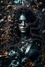 Placeholder: abstract creation of a beautiful girl with black curly hair, surrounded by black roses, thick metal chain broken, glass petals on the ground, autumn colours,dried out thorn bush, chaos,