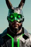 Placeholder: Medium Close Up Portrait, Front image. cyborg, cyberpunk, rabbit mask, strong man, long hair and beard. Leather suit army, leds. Green, black, color. camouflage style. Color background, photo studio. highly detailed, concept art, smooth, unreal engine 5, ray tracing, RTX, lumen lighting, ultra detail, volumetric lighting, 3d, finely drawn, high definition, high resolution.