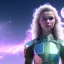 Placeholder: A portrait of a transparent crystalline girl,smiling, longs blond hairs, green eyes, galactic skirt, atmospheric, realistic, cinematic lighting, octane render, purple and blue sky, nebula, stars, planets in background, spaceship in background