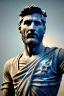 Placeholder: Ultra Realistic image, roman sculpture, Calacatta marble material, Lionel Messi, gold Laurel wreath, Renaissance style, miguel angel David style, chisel style, emperor, waist up portrait, epic, celestial, cinematic lighting, God light, god rays, 4k resolution, smooth details, ornate details, vibrant color, unreal engine 5, blue background.