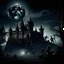 Placeholder: Calaveras bailando frente a un castillo, noche oscura, luna llena, ambiente tenebroso
