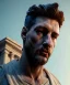 Placeholder: Gran angular, Realistic image, roman sculpture, marble material, Lionel Messi with Laurel wreath model, miguel angel style, God light, god rays, 4k resolution, perfect details, ornate details, soft lighting, unreal engine 5, soft cyan background.