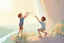 Placeholder: a boy is hanging on the edge of a cliff, holding on, another boy is helping him, holding his hand from above, flowers on the edge of the cliff, waterfall in the sunlight in the background