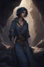 Placeholder: Dnd character in a dark cave. Leaning against a wall. A female Elf twilight cleric with super curly, super short, dark blue hair and golden eyes, wearing gray and dark blue robes. With tattoos. Etheral, very muscular, strong.