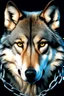 Placeholder: large wolf with a chain around its neck, photorealistic