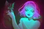 Placeholder: black light art, neon lines, contented brunette woman with fluffy kitten seeking something in the distance