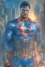 Placeholder: Superman.He looks forward with radiant eyes In a new, sophisticated suit decorated with a Mandala pattern. Strong, fit body. Muscles. A cinematic scene. A destroyed city scene